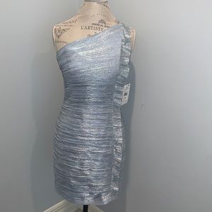 Ruffle off the shoulder cocktail dress.